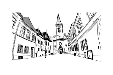 Print Building view with landmark of Kosice, Slovakya 'nın doğusunda bir şehirdir. Vektörde elle çizilmiş çizim çizimi.