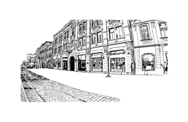 Print Building view with landmark of Kosice, Slovakya 'nın doğusunda bir şehirdir. Vektörde elle çizilmiş çizim çizimi.