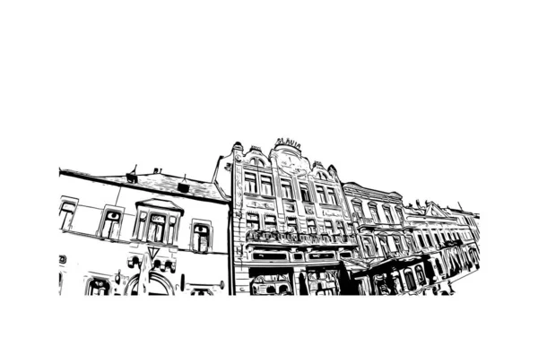 Print Building View Landmark Kosice City Eastern Slovakia Hand Drawn — Stock Vector