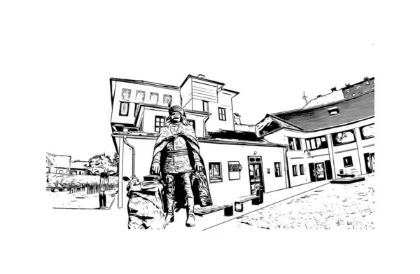 코시의 표지가 전경은 슬로바키아 동부에 도시입니다 벡터로 손으로 스케치 — 스톡 벡터