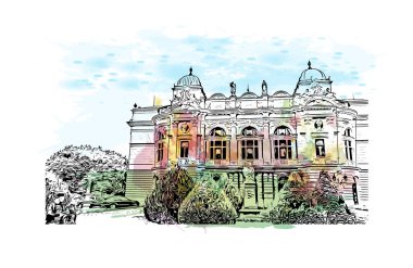 Print Building view with landmark of Krakow is the city in Poland. Vektörde elle çizilmiş resim ile suluboya sıçraması.