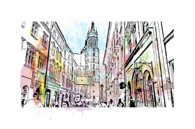 Print Building view with landmark of Krakow is the city in Poland. Vektörde elle çizilmiş resim ile suluboya sıçraması.