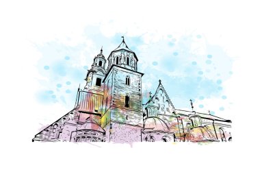 Print Building view with landmark of Krakow is the city in Poland. Vektörde elle çizilmiş resim ile suluboya sıçraması.