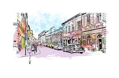 Print Building view with landmark of Krakow is the city in Poland. Vektörde elle çizilmiş resim ile suluboya sıçraması.