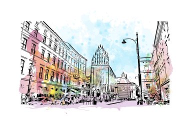 Print Building view with landmark of Krakow is the city in Poland. Vektörde elle çizilmiş resim ile suluboya sıçraması.