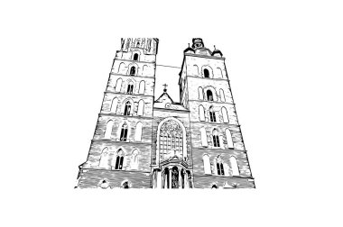 Print Building view with landmark of Krakow is the city in Poland. Vektörde elle çizilmiş çizim çizimi.