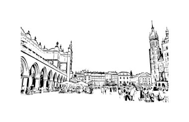 Print Building view with landmark of Krakow is the city in Poland. Vektörde elle çizilmiş çizim çizimi.