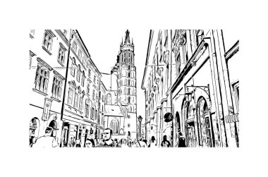 Print Building view with landmark of Krakow is the city in Poland. Vektörde elle çizilmiş çizim çizimi.