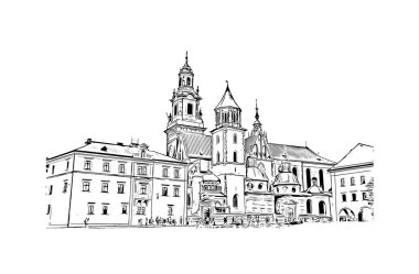 Print Building view with landmark of Krakow is the city in Poland. Vektörde elle çizilmiş çizim çizimi.