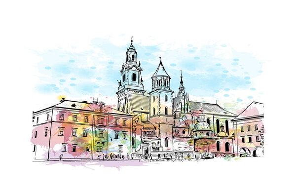 Print Building view with landmark of Krakow is the city in Poland. Watercolor splash with hand drawn sketch illustration in vector.
