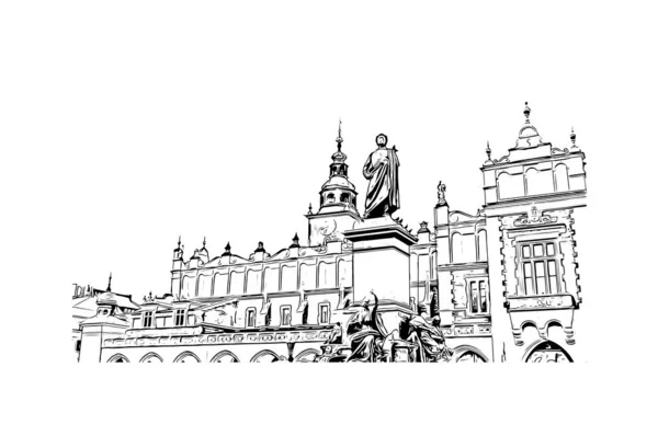 带有克拉科夫地标的印刷建筑景观是波兰的一个城市 矢量手绘草图 — 图库矢量图片