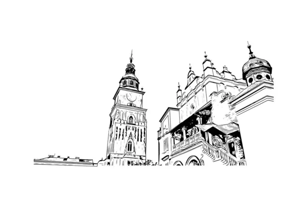 Print Byggnadsvy Med Landmärke Krakow Staden Polen Handritad Skiss Illustration — Stock vektor