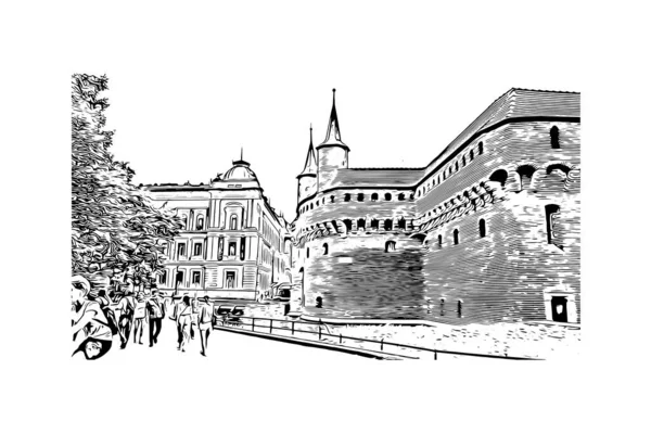 Print Byggnadsvy Med Landmärke Krakow Staden Polen Handritad Skiss Illustration — Stock vektor