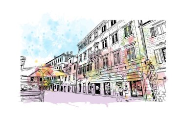 Kotor 'un tarihi yapısına sahip Print Building Karadağ' da güçlendirilmiş bir kent. Vektörde elle çizilmiş resim ile suluboya sıçraması.