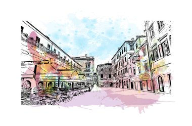 Kotor 'un tarihi yapısına sahip Print Building Karadağ' da güçlendirilmiş bir kent. Vektörde elle çizilmiş resim ile suluboya sıçraması.