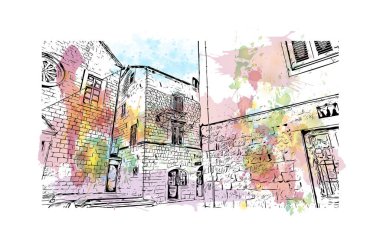 Kotor 'un tarihi yapısına sahip Print Building Karadağ' da güçlendirilmiş bir kent. Vektörde elle çizilmiş resim ile suluboya sıçraması.