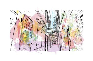 Kotor 'un tarihi yapısına sahip Print Building Karadağ' da güçlendirilmiş bir kent. Vektörde elle çizilmiş resim ile suluboya sıçraması.