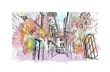 Kotor 'un tarihi yapısına sahip Print Building Karadağ' da güçlendirilmiş bir kent. Vektörde elle çizilmiş resim ile suluboya sıçraması.