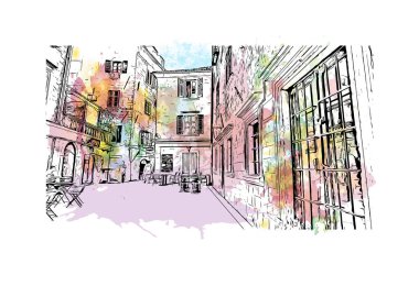 Kotor 'un tarihi yapısına sahip Print Building Karadağ' da güçlendirilmiş bir kent. Vektörde elle çizilmiş resim ile suluboya sıçraması.