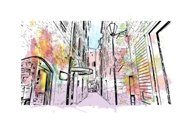 Kotor 'un tarihi yapısına sahip Print Building Karadağ' da güçlendirilmiş bir kent. Vektörde elle çizilmiş resim ile suluboya sıçraması.