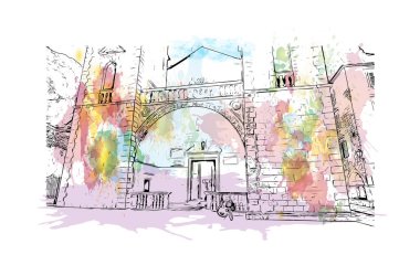 Kotor 'un tarihi yapısına sahip Print Building Karadağ' da güçlendirilmiş bir kent. Vektörde elle çizilmiş resim ile suluboya sıçraması.