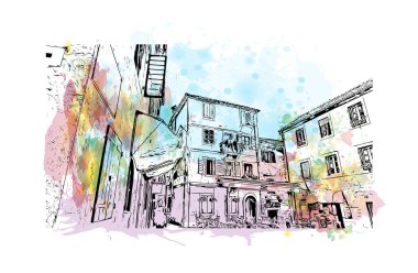 Kotor 'un tarihi yapısına sahip Print Building Karadağ' da güçlendirilmiş bir kent. Vektörde elle çizilmiş resim ile suluboya sıçraması.