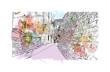 Kotor 'un tarihi yapısına sahip Print Building Karadağ' da güçlendirilmiş bir kent. Vektörde elle çizilmiş resim ile suluboya sıçraması.