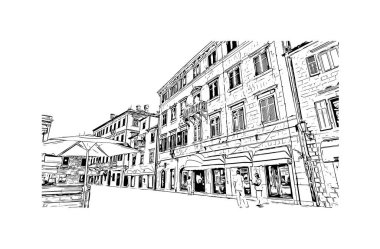 Kotor 'un tarihi yapısına sahip Print Building Karadağ' da güçlendirilmiş bir kent. Vektörde elle çizilmiş çizim çizimi.