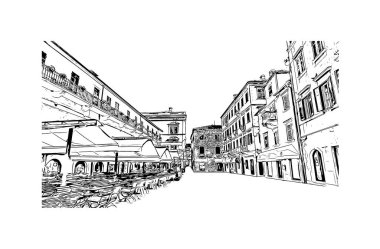 Kotor 'un tarihi yapısına sahip Print Building Karadağ' da güçlendirilmiş bir kent. Vektörde elle çizilmiş çizim çizimi.