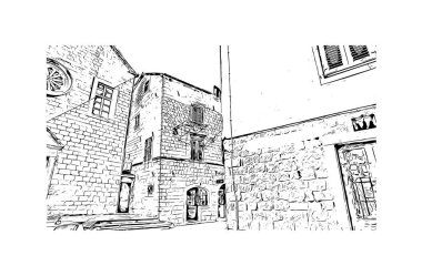 Kotor 'un tarihi yapısına sahip Print Building Karadağ' da güçlendirilmiş bir kent. Vektörde elle çizilmiş çizim çizimi.