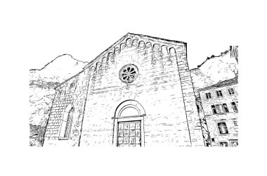 Kotor 'un tarihi yapısına sahip Print Building Karadağ' da güçlendirilmiş bir kent. Vektörde elle çizilmiş çizim çizimi.
