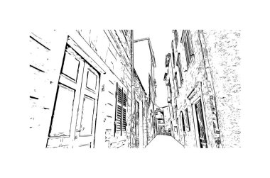 Kotor 'un tarihi yapısına sahip Print Building Karadağ' da güçlendirilmiş bir kent. Vektörde elle çizilmiş çizim çizimi.