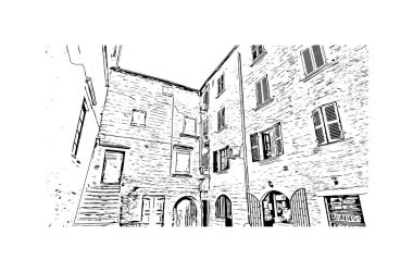 Kotor 'un tarihi yapısına sahip Print Building Karadağ' da güçlendirilmiş bir kent. Vektörde elle çizilmiş çizim çizimi.