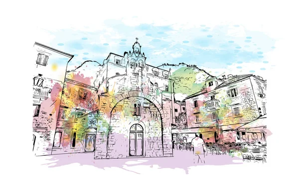 코토르의 기념비가 전망은 몬테네그로에 요새화 마을이다 벡터에 손으로 스케치 수채화 — 스톡 벡터