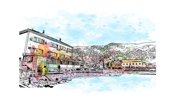 科托尔的标志性建筑是黑山的一个设防城镇 矢量手绘示意图水彩画 — 图库矢量图片