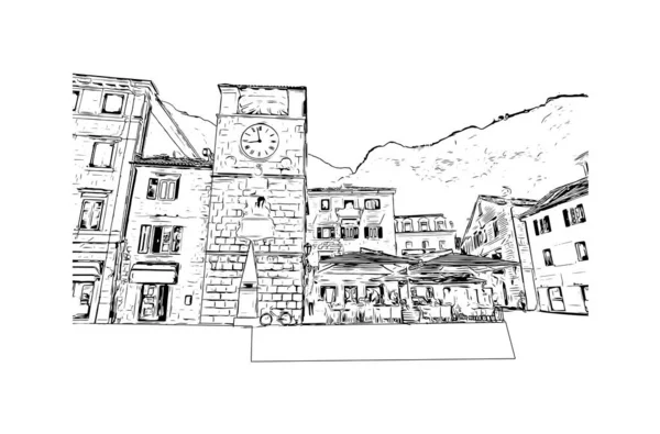 Kotor Tarihi Yapısına Sahip Print Building Karadağ Güçlendirilmiş Bir Kent — Stok Vektör