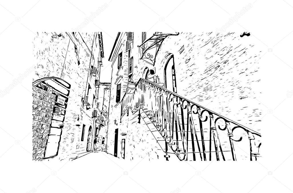 Print Building view with landmark of Kotor is a fortified town in Montenegro. Hand drawn sketch illustration in vector.