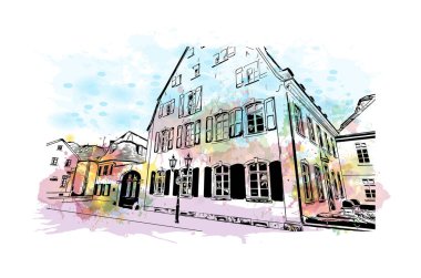 Krefeld 'in simgesi olan Print Building View Almanya' da yer almaktadır. Vektörde elle çizilmiş resim ile suluboya sıçraması.