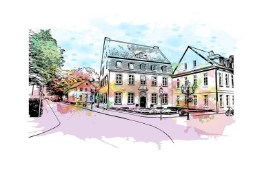 Krefeld 'in simgesi olan Print Building View Almanya' da yer almaktadır. Vektörde elle çizilmiş resim ile suluboya sıçraması.