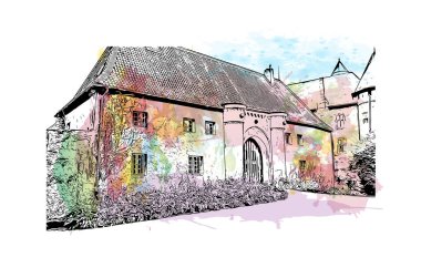 Krefeld 'in simgesi olan Print Building View Almanya' da yer almaktadır. Vektörde elle çizilmiş resim ile suluboya sıçraması.