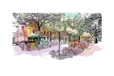 Krefeld 'in simgesi olan Print Building View Almanya' da yer almaktadır. Vektörde elle çizilmiş resim ile suluboya sıçraması.