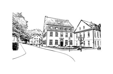 Krefeld 'in simgesi olan Print Building View Almanya' da yer almaktadır. Vektörde elle çizilmiş çizim çizimi.