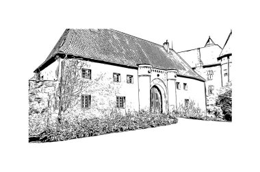 Krefeld 'in simgesi olan Print Building View Almanya' da yer almaktadır. Vektörde elle çizilmiş çizim çizimi.