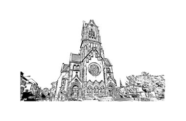 Krefeld 'in simgesi olan Print Building View Almanya' da yer almaktadır. Vektörde elle çizilmiş çizim çizimi.