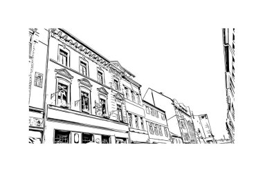 Krefeld 'in simgesi olan Print Building View Almanya' da yer almaktadır. Vektörde elle çizilmiş çizim çizimi.