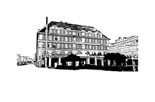 Print Building View Landmark Krefeld Staden Tyskland Handritad Skiss Illustration — Stock vektor