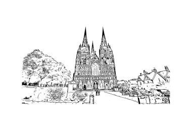 Print Building view with landmark of Lichfield is the city in England. Vektörde elle çizilmiş çizim çizimi.