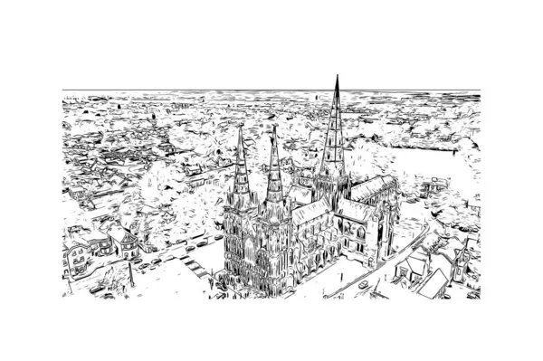 Print Building Vista Com Marco Lichfield Cidade Inglaterra Desenho Desenhado — Vetor de Stock