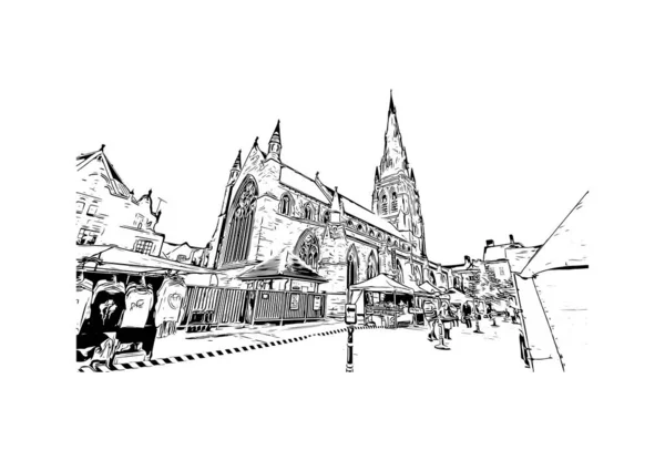 带有利奇菲尔德地标的印刷建筑景观是英格兰的一个城市 矢量手绘草图 — 图库矢量图片