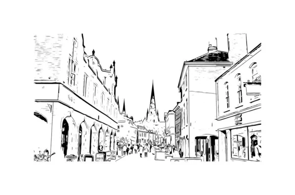 带有利奇菲尔德地标的印刷建筑景观是英格兰的一个城市 矢量手绘草图 — 图库矢量图片